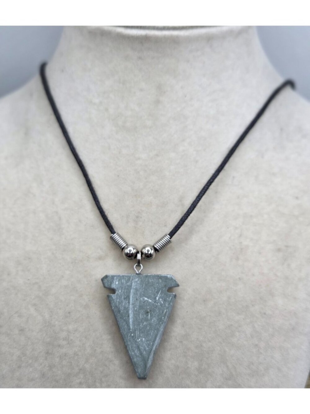Arrowhead Necklace  With Black Cord & Silver Beads Tribal Style